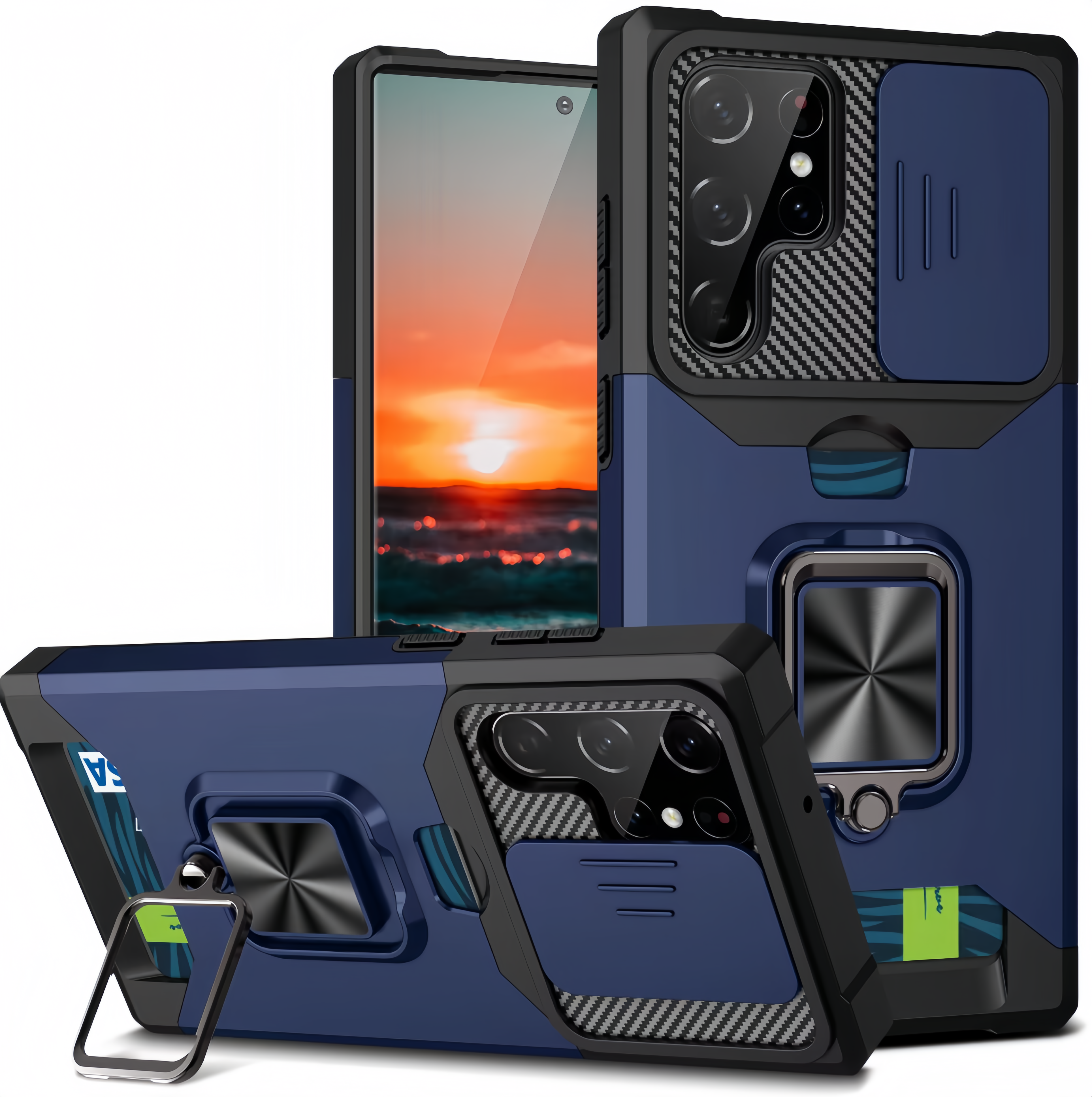(25/250x Pack) S23 Series Magnetic Heavy Duty Samsung Case With Lens Cover + Card Holder