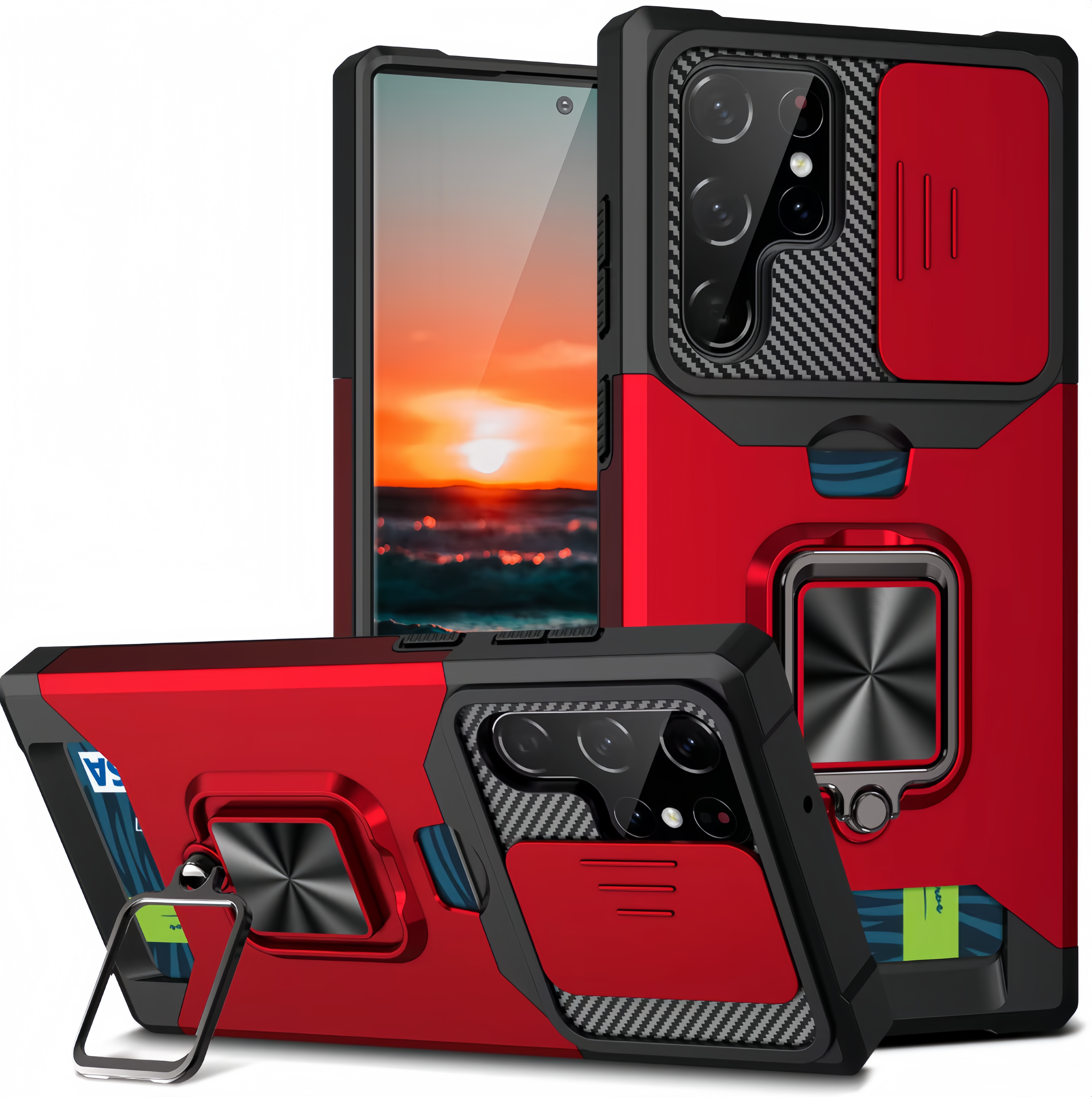 (25/250x Pack) S23 Series Magnetic Heavy Duty Samsung Case With Lens Cover + Card Holder