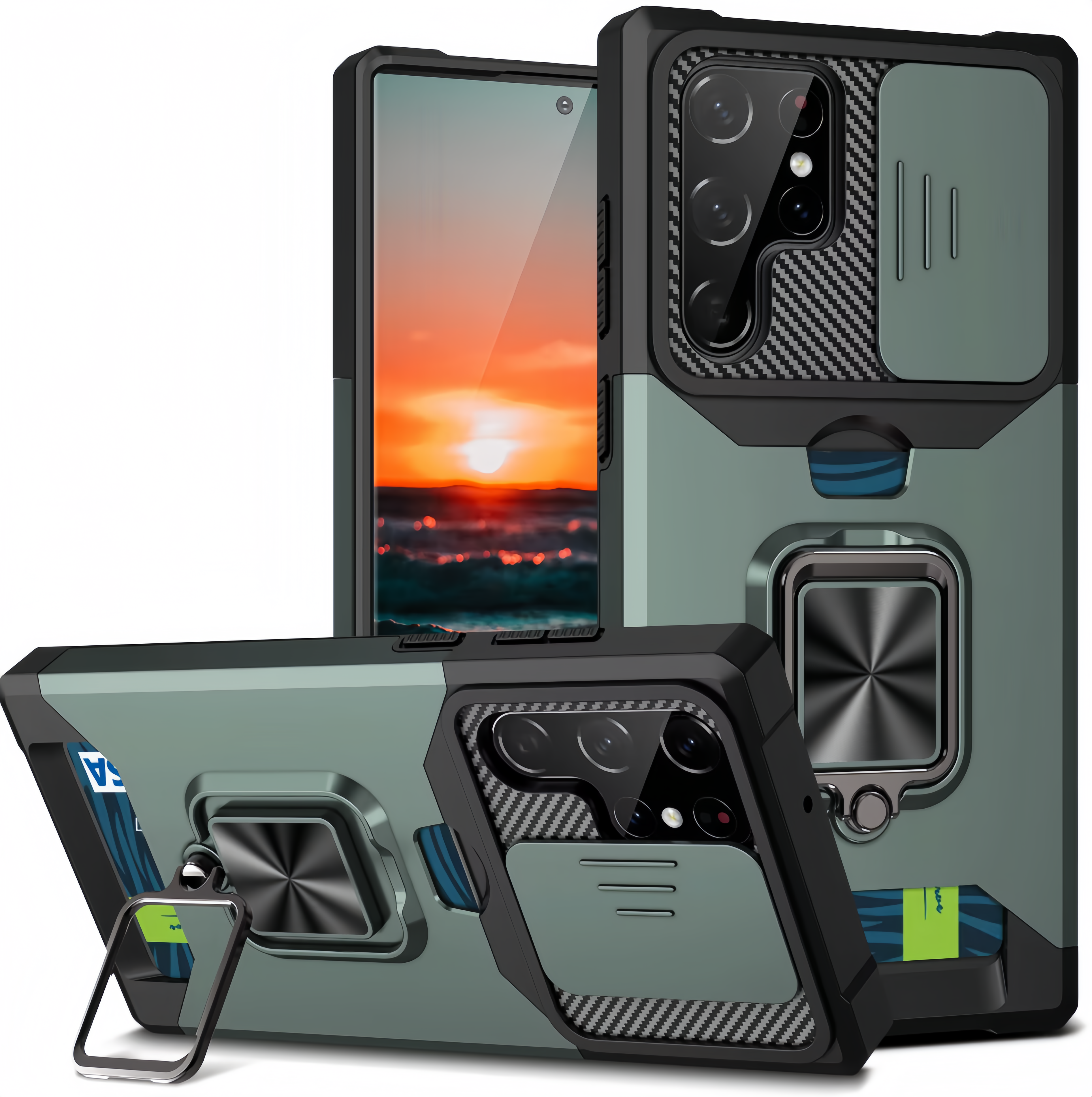 (25/250x Pack) S23 Series Magnetic Heavy Duty Samsung Case With Lens Cover + Card Holder