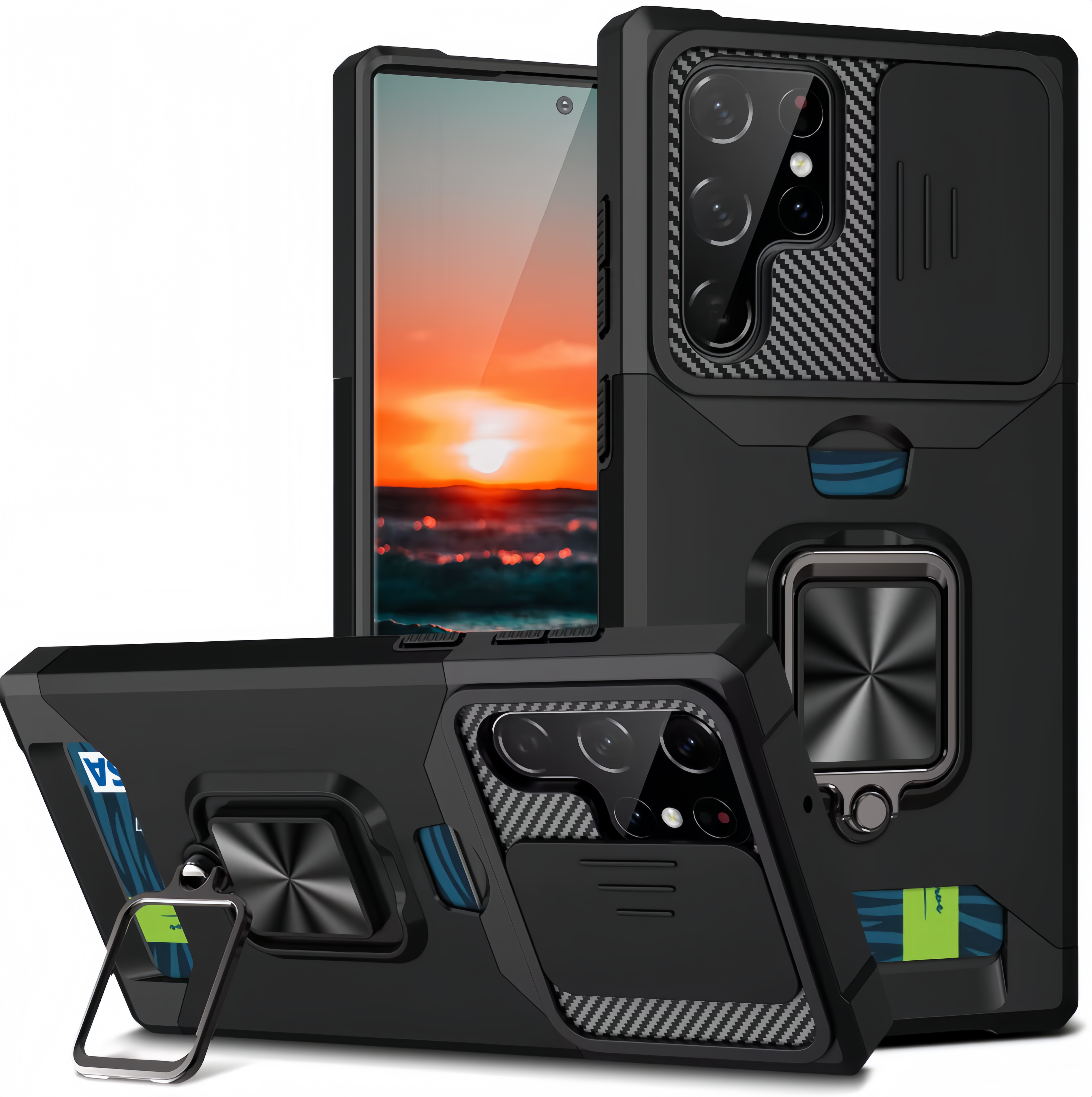 (25/250x Pack) S23 Series Magnetic Heavy Duty Samsung Case With Lens Cover + Card Holder