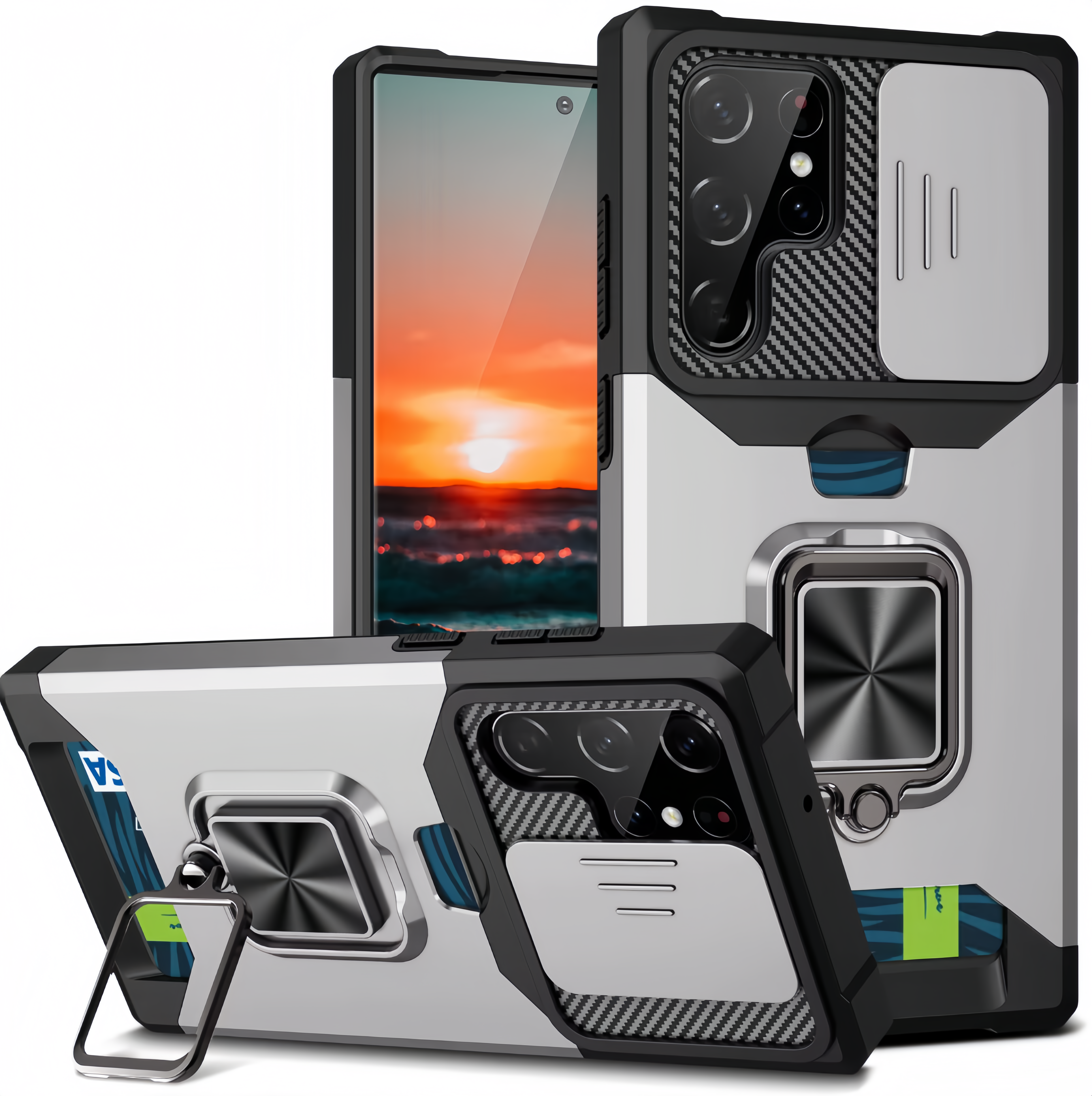 (25/250x Pack) S24 Series Magnetic Heavy Duty Samsung Case With Lens Cover + Card Holder
