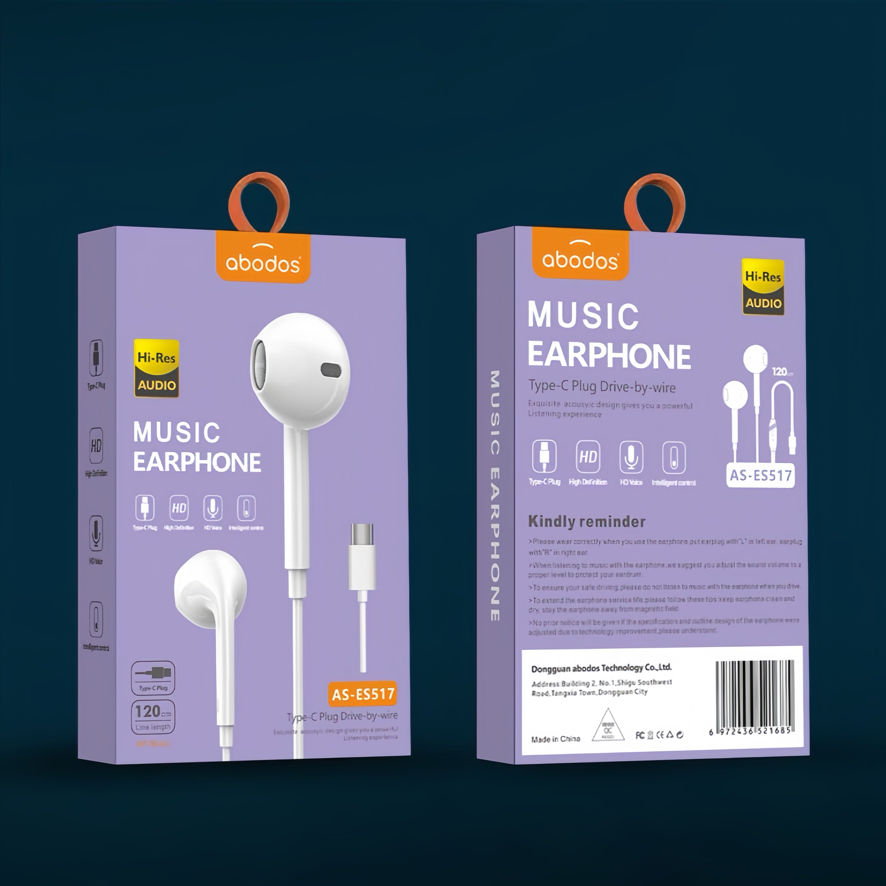 (100/500x Pack) Abodos 1.2m Type-C Wired Earphones
